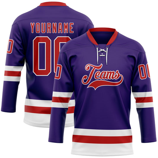 Custom Purple Red-White Hockey Lace Neck Jersey - Main View