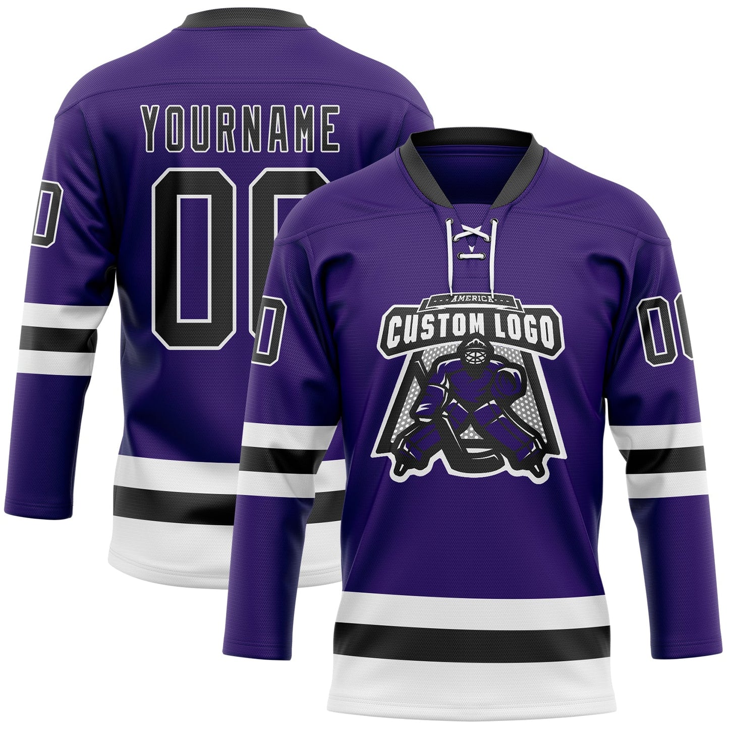 Custom Purple Black-White Hockey Lace Neck Jersey view 2