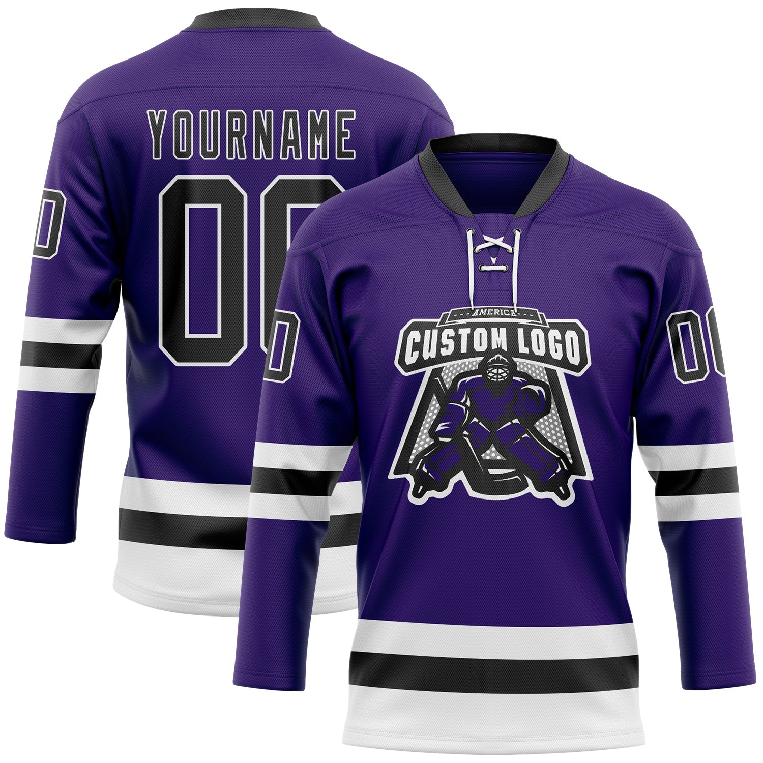 Custom Purple Black-White Hockey Lace Neck Jersey view 2
