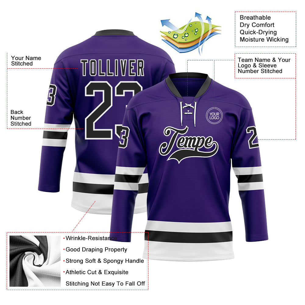 Custom Purple Black-White Hockey Lace Neck Jersey view 3