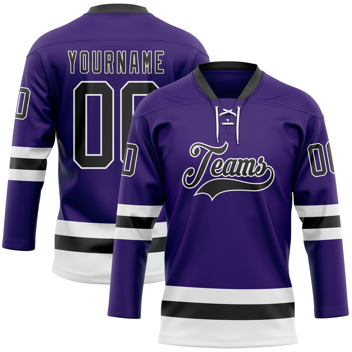 Custom Purple Black-White Hockey Lace Neck Jersey - Main View