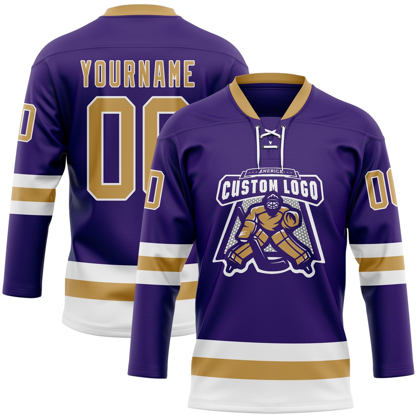 Custom Purple Old Gold-White Hockey Lace Neck Jersey view 2