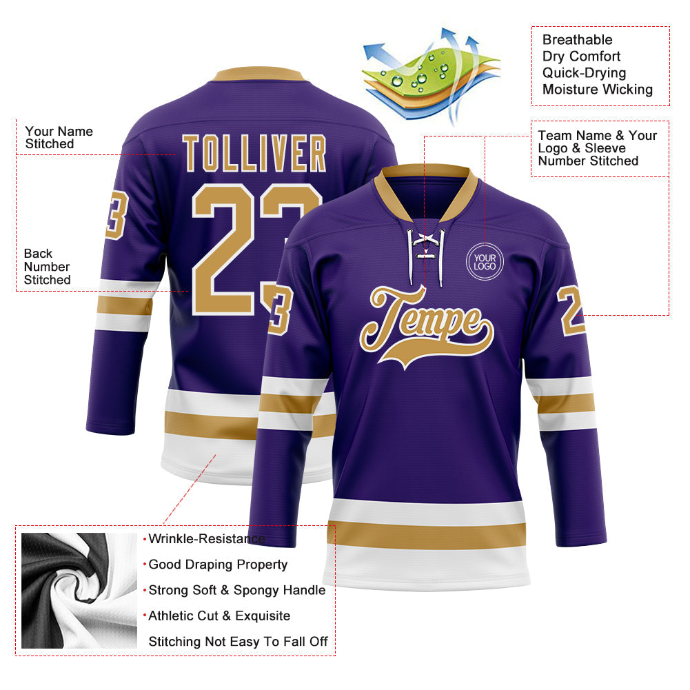 Custom Purple Old Gold-White Hockey Lace Neck Jersey view 3