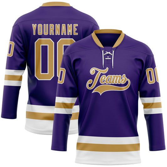 Custom Purple Old Gold-White Hockey Lace Neck Jersey - Main View