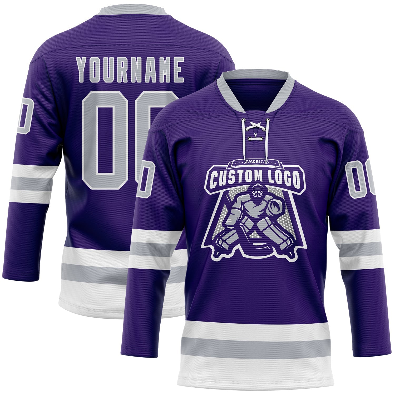 Custom Purple Gray-White Hockey Lace Neck Jersey view 2