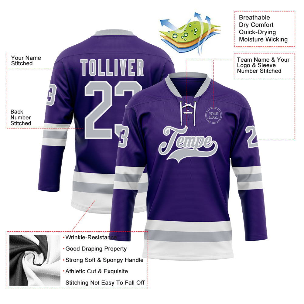 Custom Purple Gray-White Hockey Lace Neck Jersey view 3