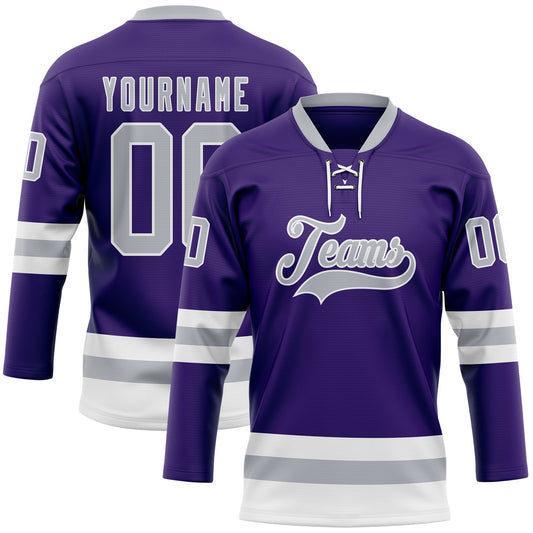 Custom Purple Gray-White Hockey Lace Neck Jersey - Main View
