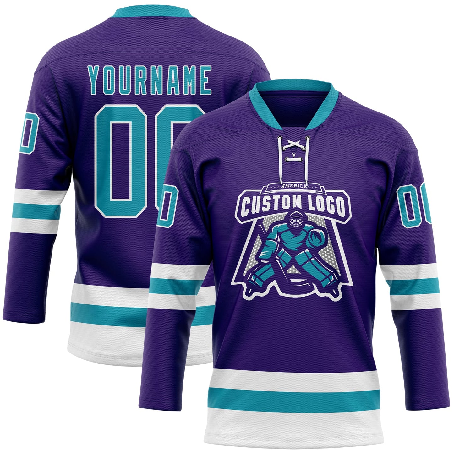 Custom Purple Teal-White Hockey Lace Neck Jersey view 2