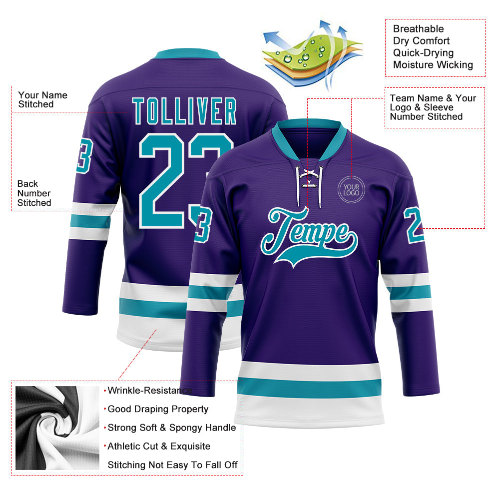 Custom Purple Teal-White Hockey Lace Neck Jersey view 3