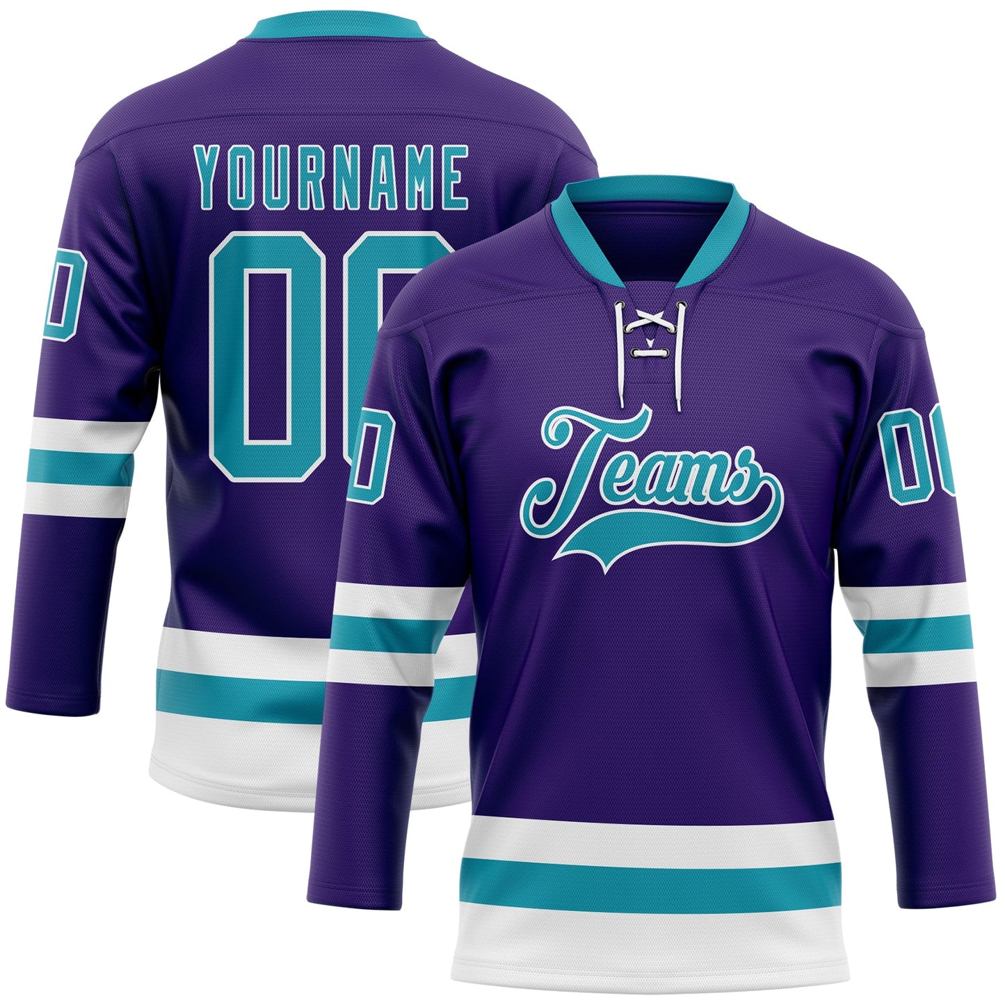 Custom Purple Teal-White Hockey Lace Neck Jersey - Main View