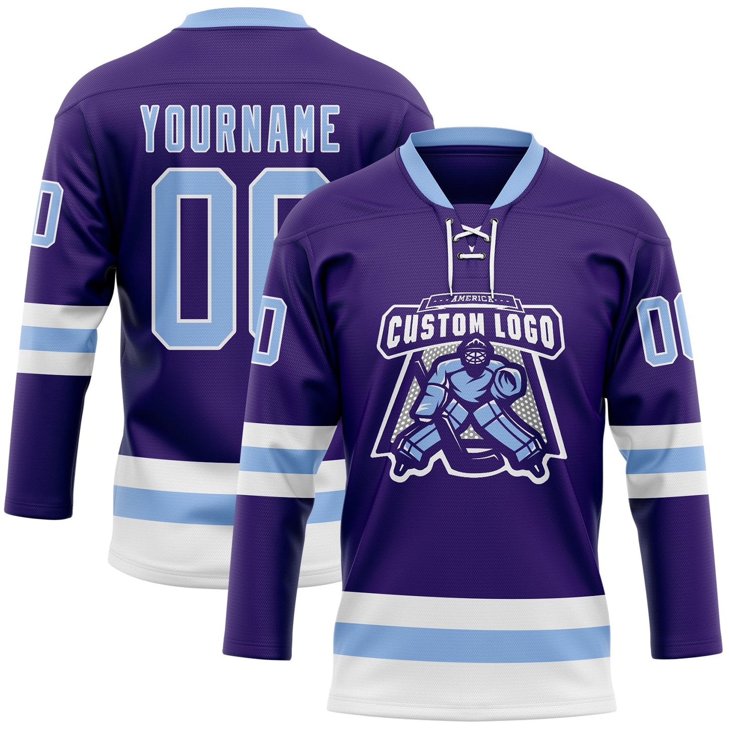 Custom Purple Light Blue-White Hockey Lace Neck Jersey view 2