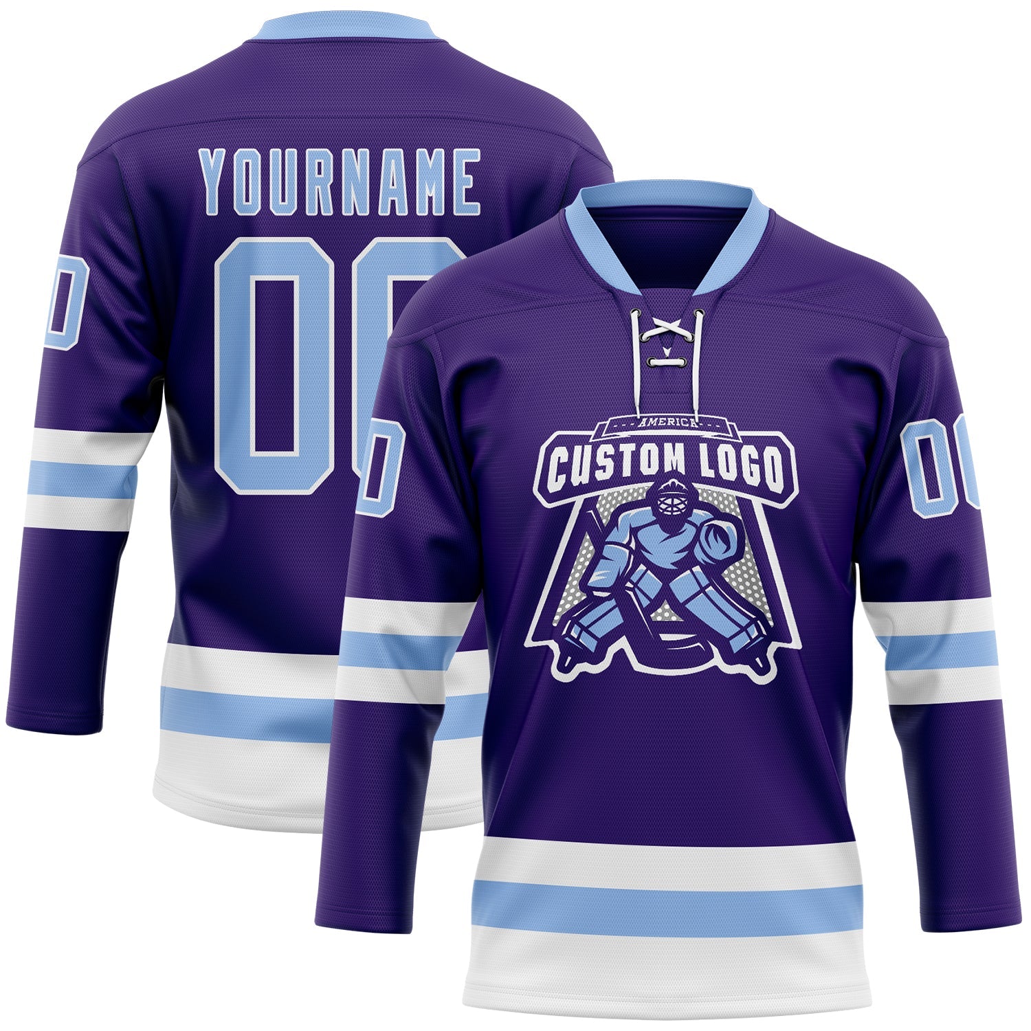 Custom Purple Light Blue-White Hockey Lace Neck Jersey view 2