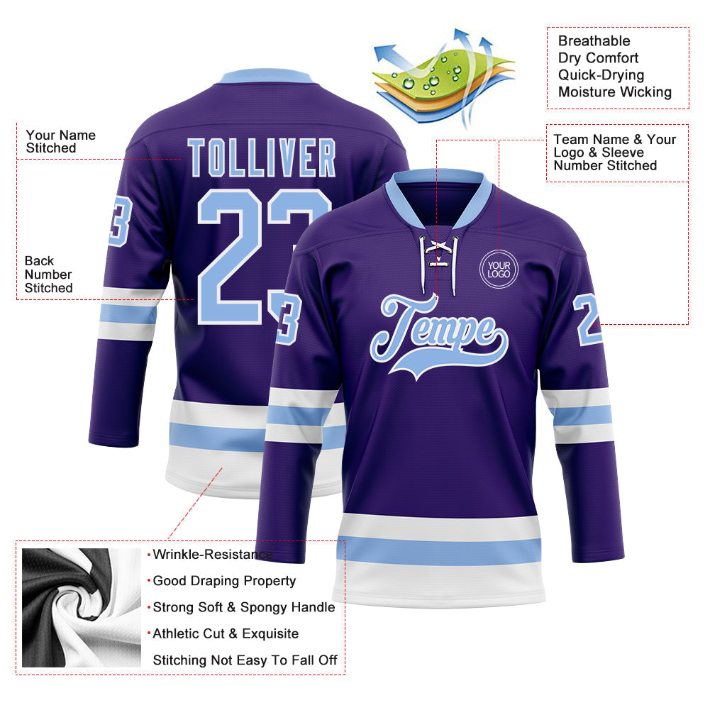 Custom Purple Light Blue-White Hockey Lace Neck Jersey view 3