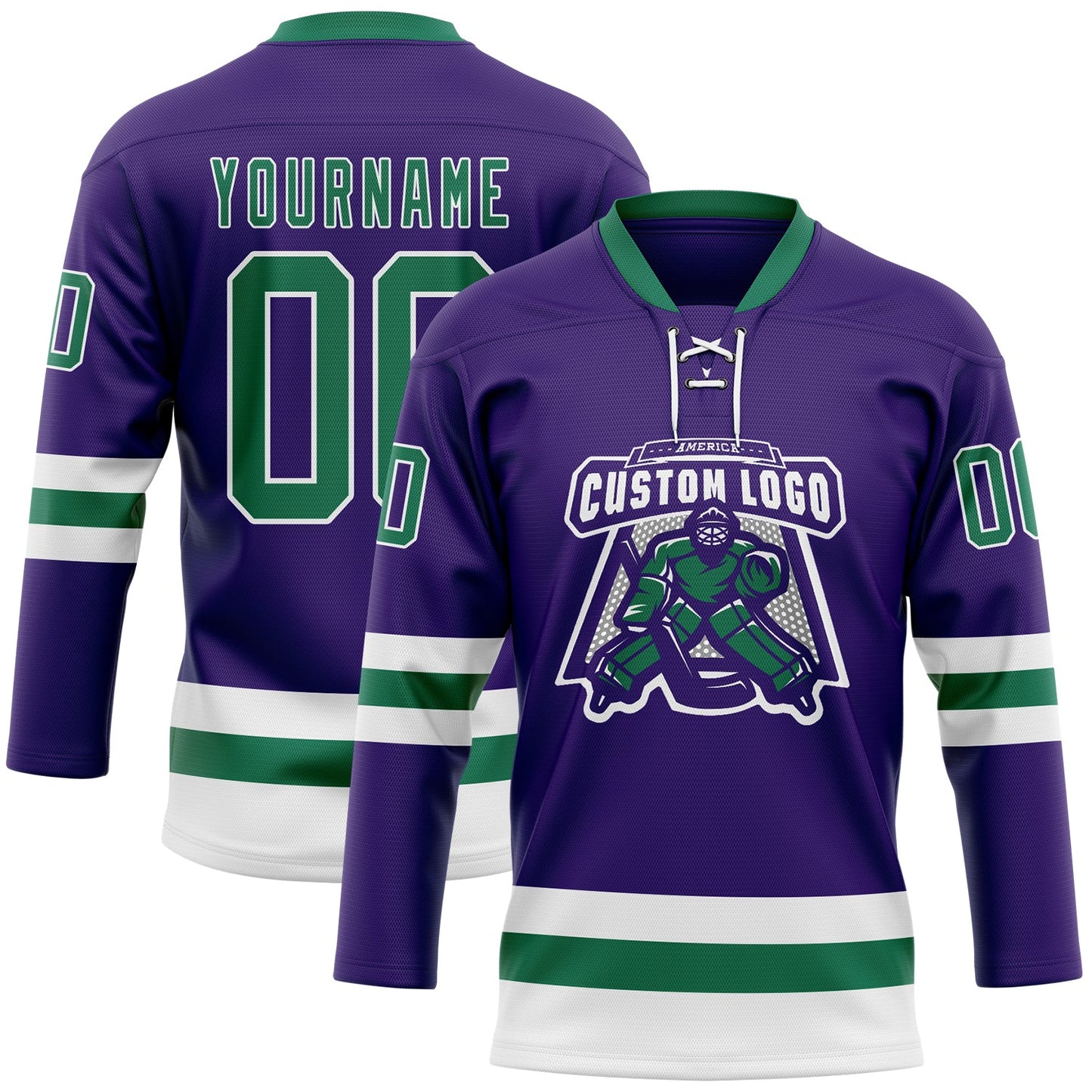 Custom Purple Kelly Green-White Hockey Lace Neck Jersey view 2