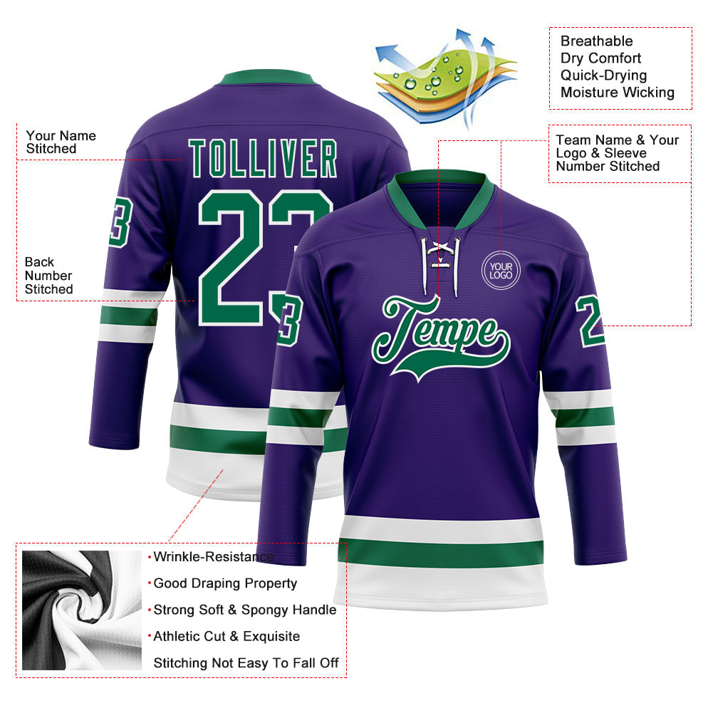 Custom Purple Kelly Green-White Hockey Lace Neck Jersey view 3