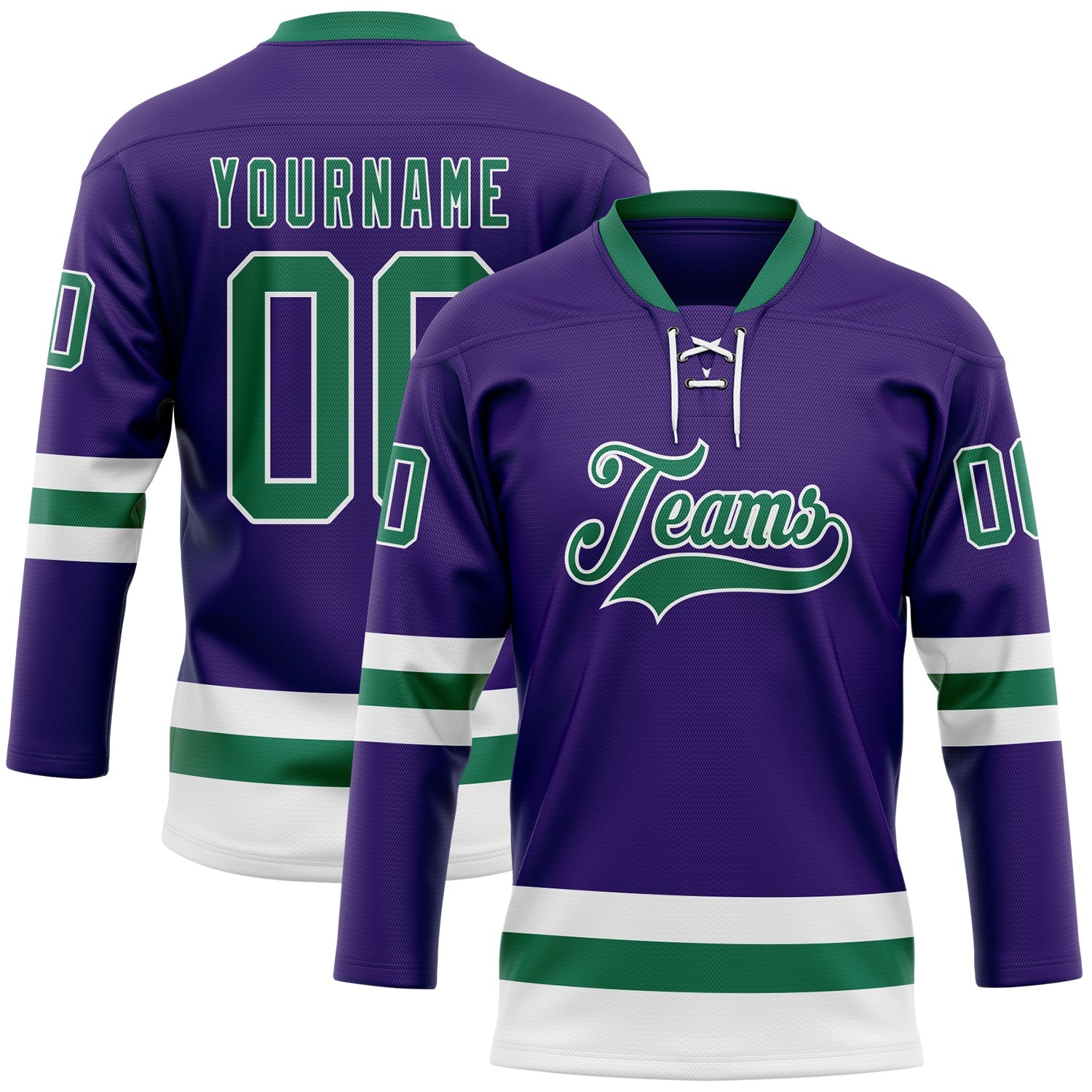 Custom Purple Kelly Green-White Hockey Lace Neck Jersey - Main View