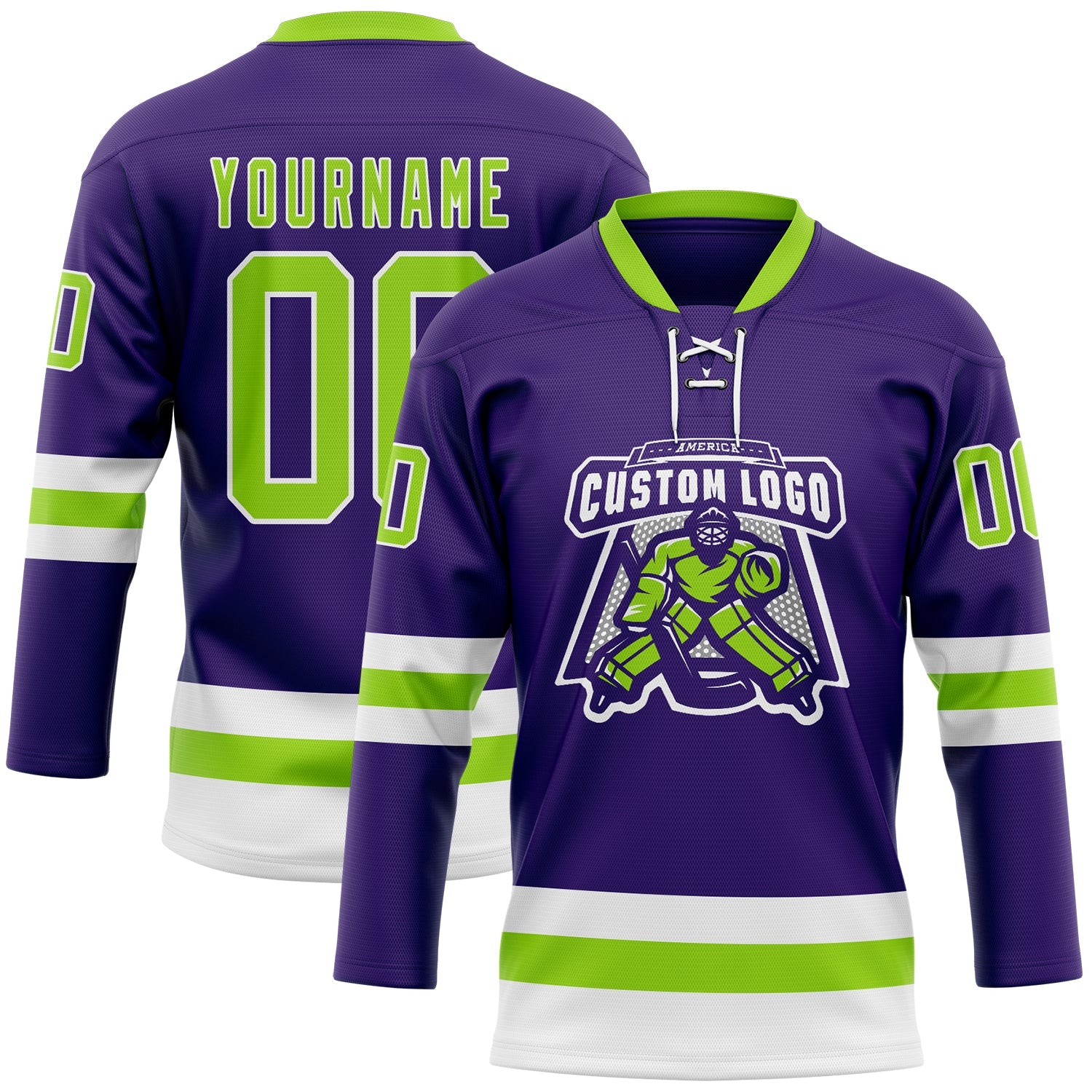 Custom Purple Neon Green-White Hockey Lace Neck Jersey view 2