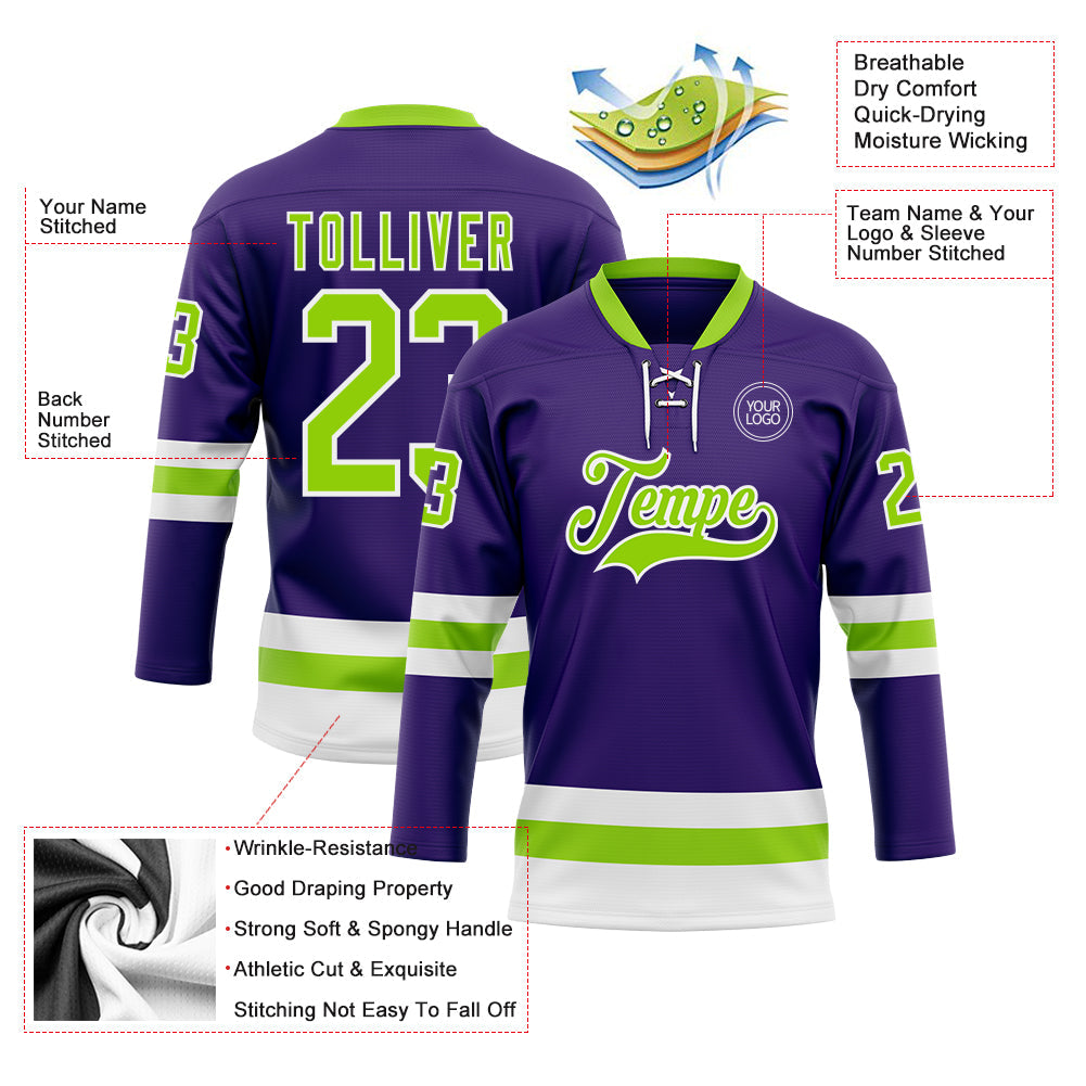 Custom Purple Neon Green-White Hockey Lace Neck Jersey view 3