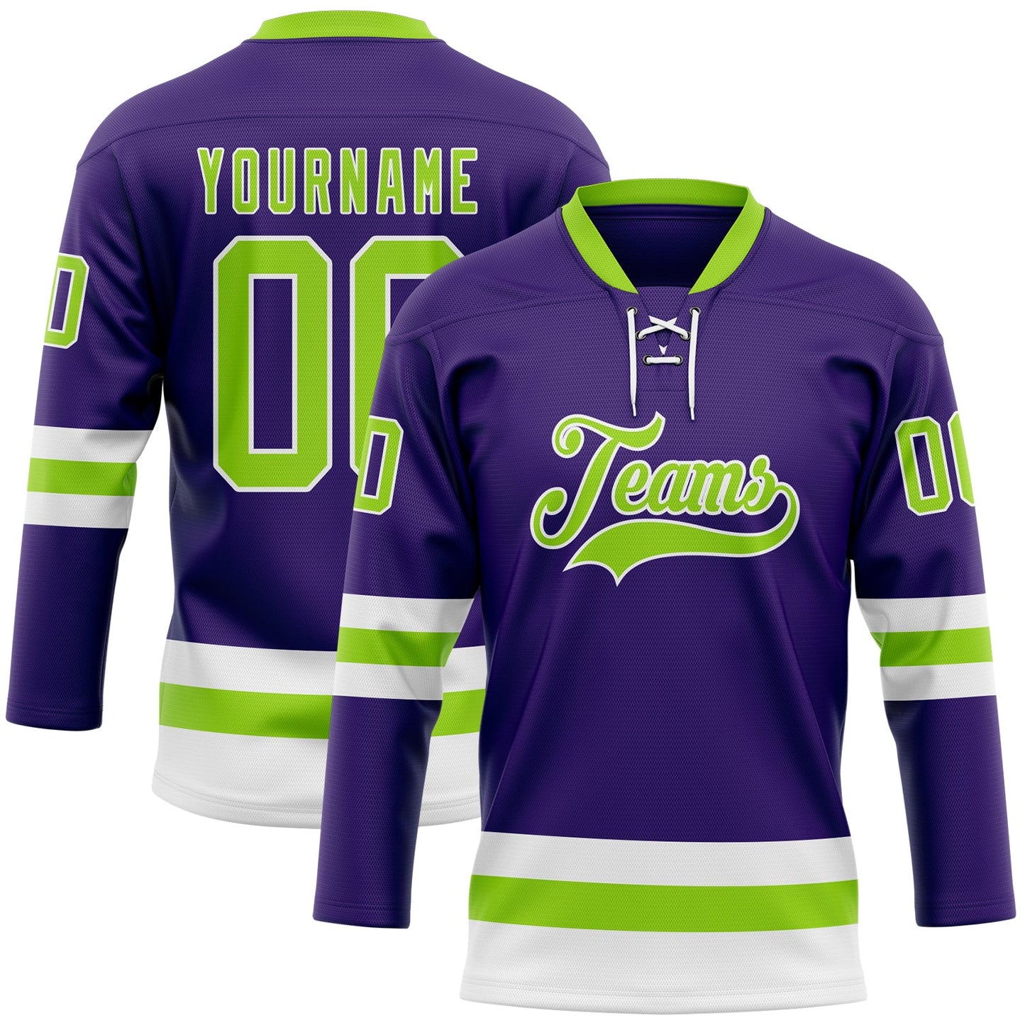 Custom Purple Neon Green-White Hockey Lace Neck Jersey - Main View