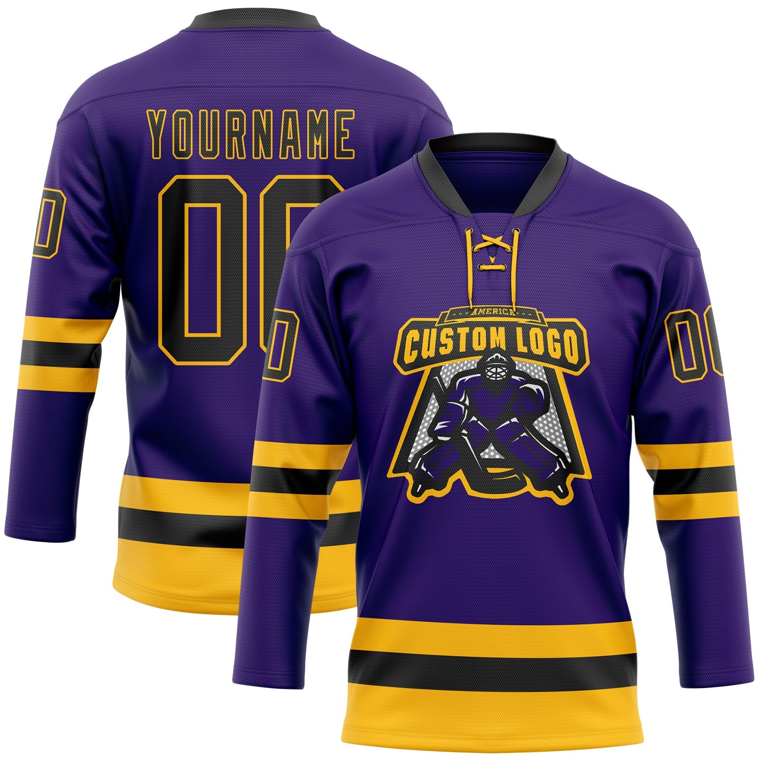 Custom Purple Black-Gold Hockey Lace Neck Jersey view 2
