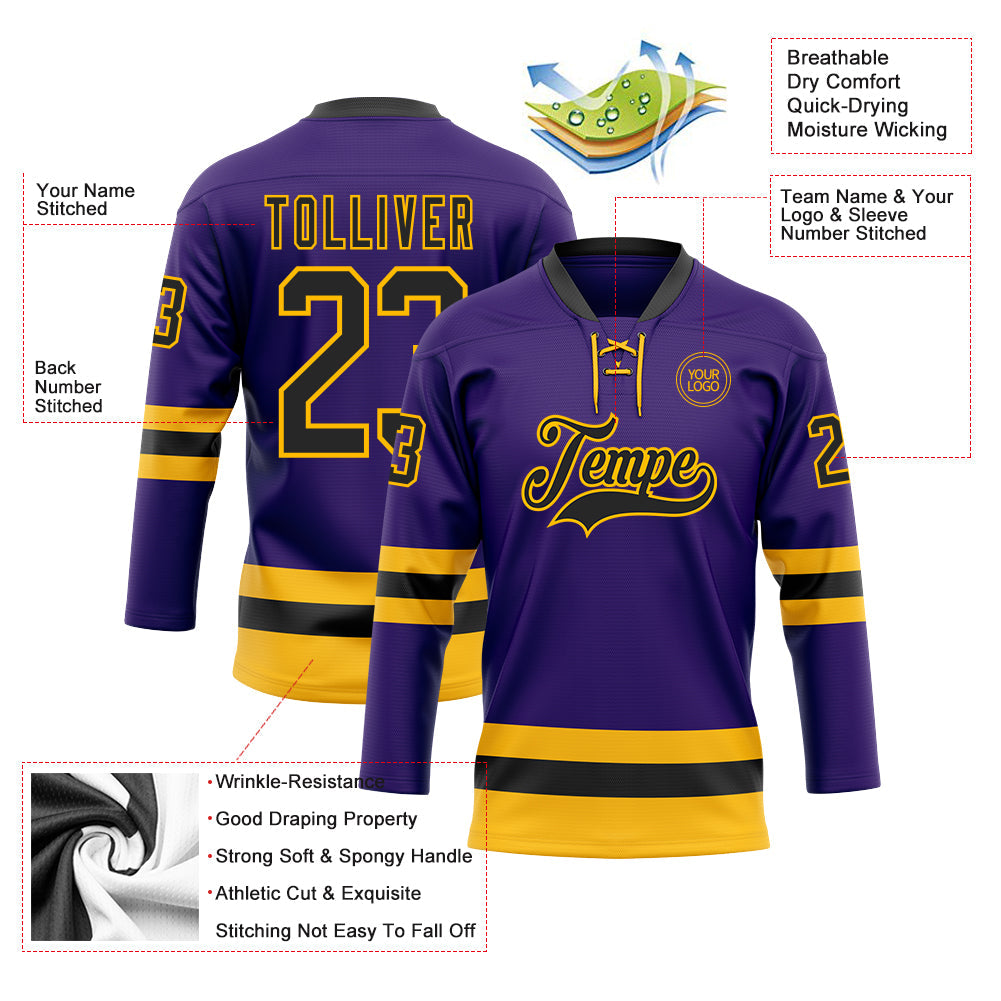 Custom Purple Black-Gold Hockey Lace Neck Jersey view 3
