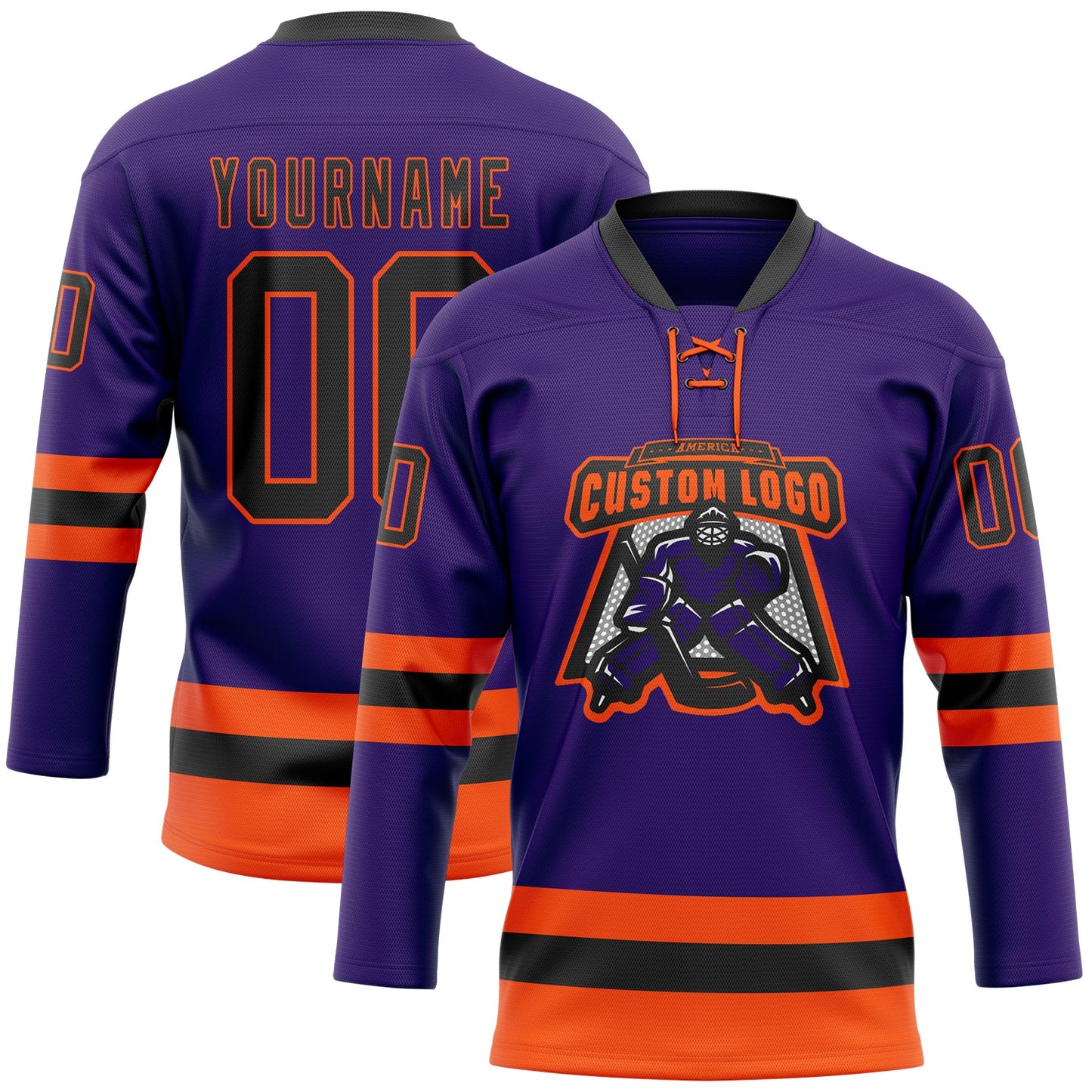 Custom Purple Black-Orange Hockey Lace Neck Jersey view 2