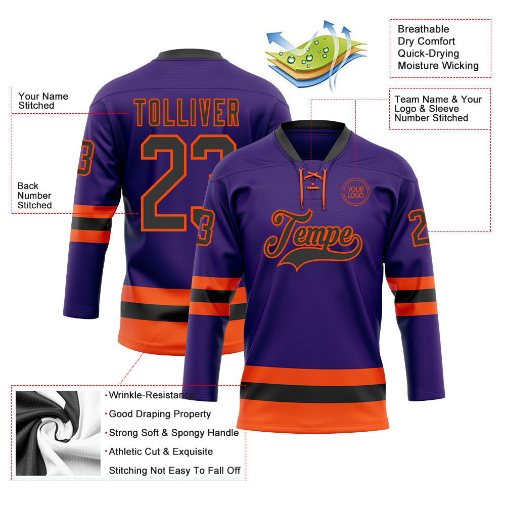 Custom Purple Black-Orange Hockey Lace Neck Jersey view 3