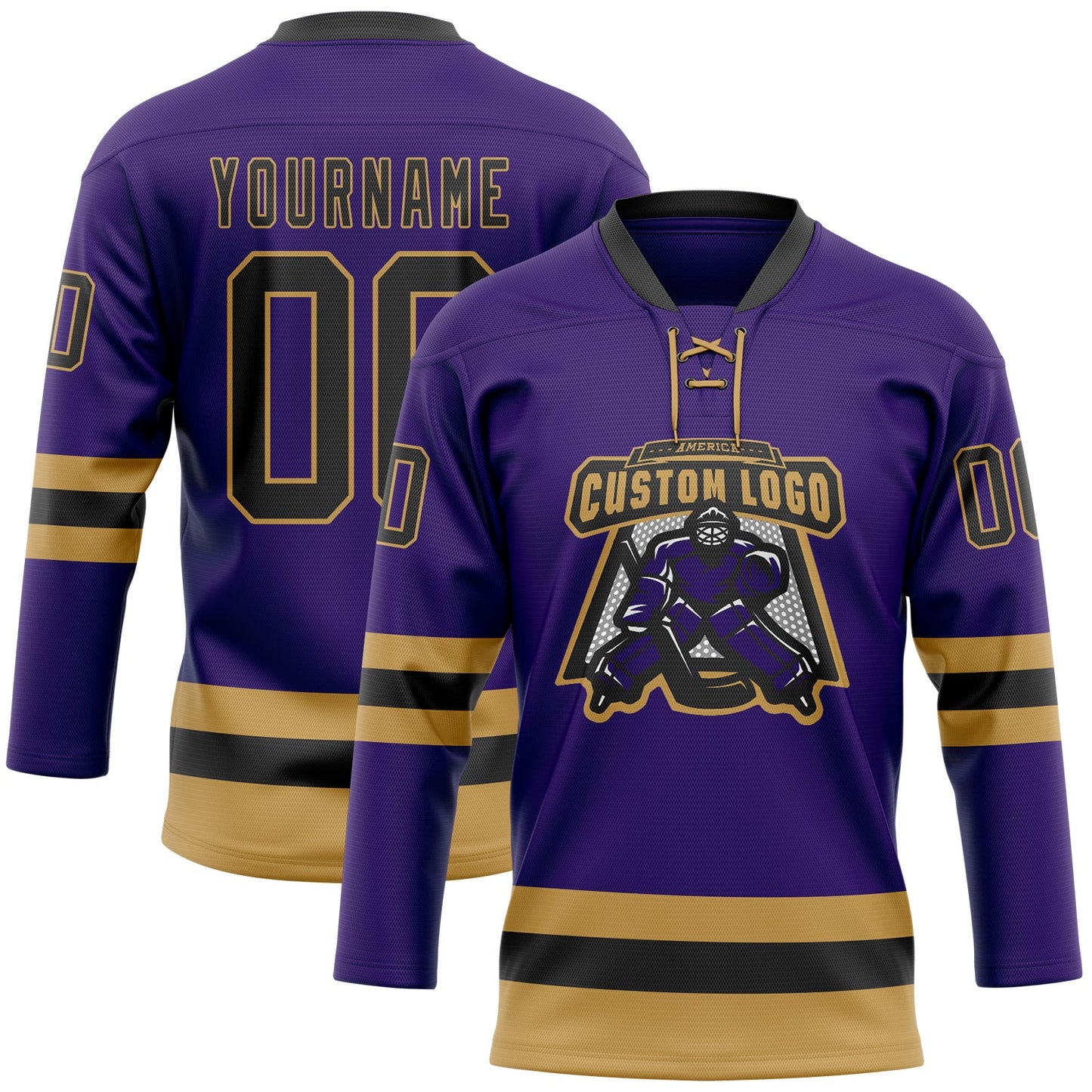 Custom Purple Black-Old Gold Hockey Lace Neck Jersey view 2