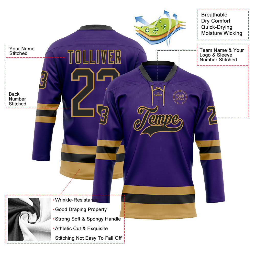 Custom Purple Black-Old Gold Hockey Lace Neck Jersey view 3