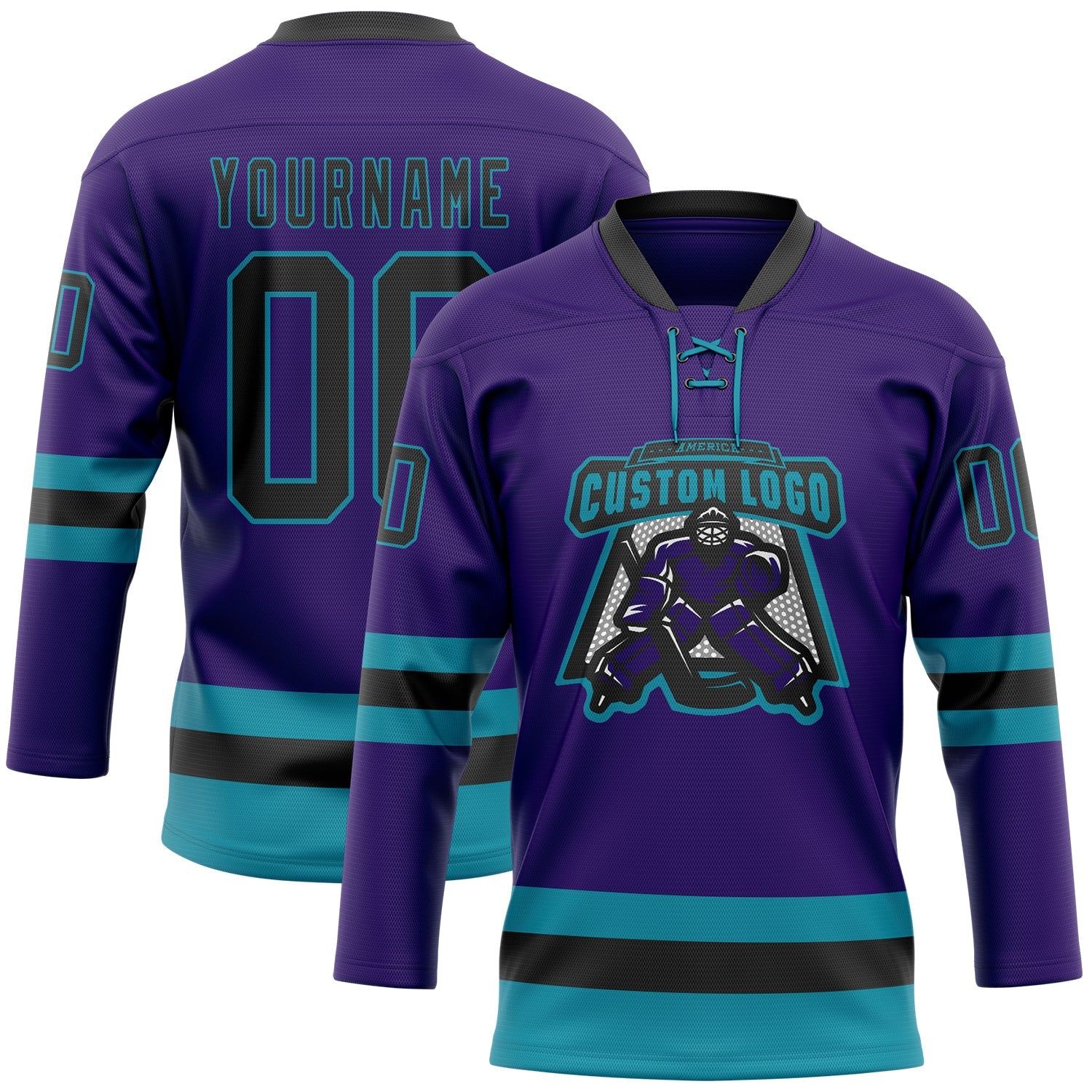 Custom Purple Black-Teal Hockey Lace Neck Jersey view 2