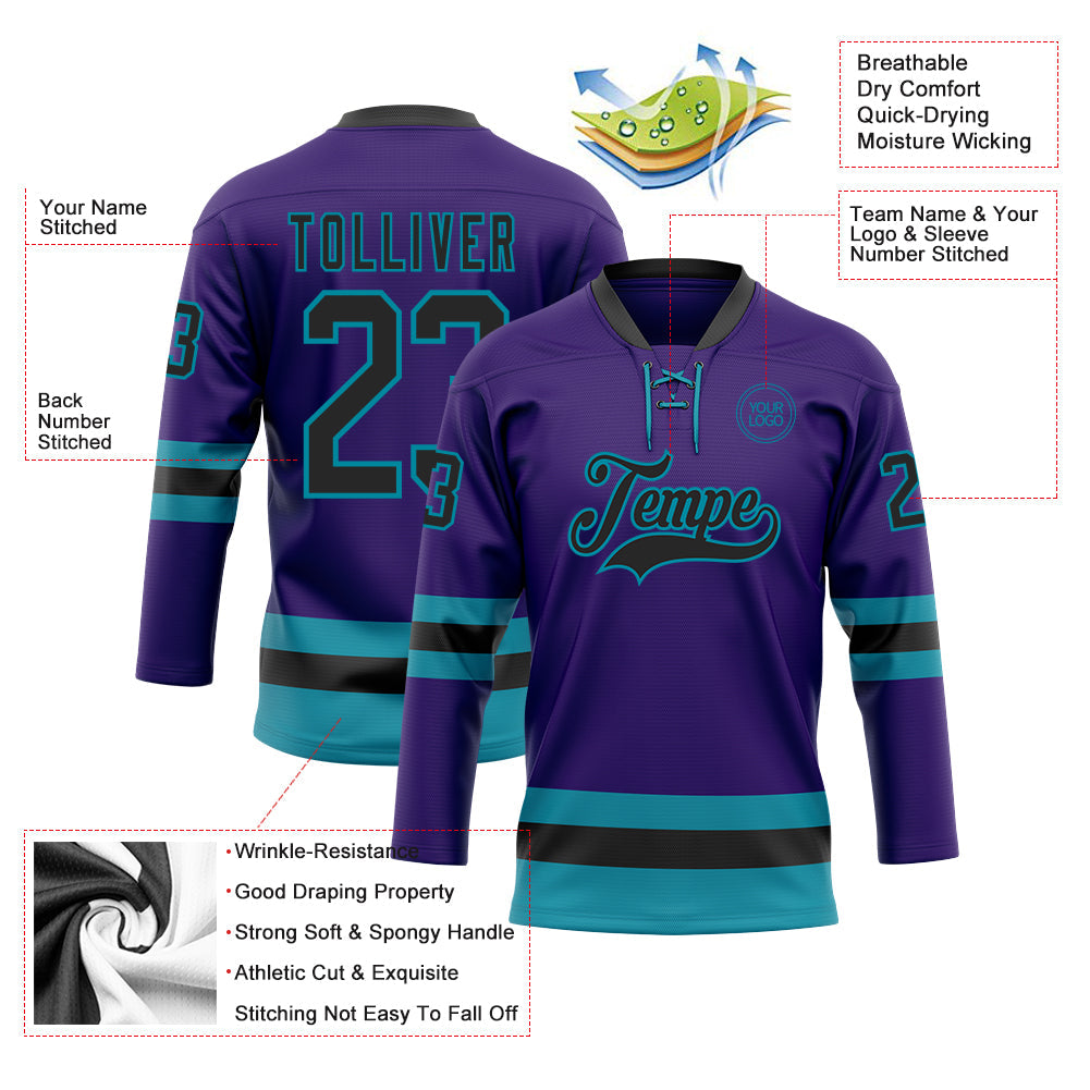 Custom Purple Black-Teal Hockey Lace Neck Jersey view 3
