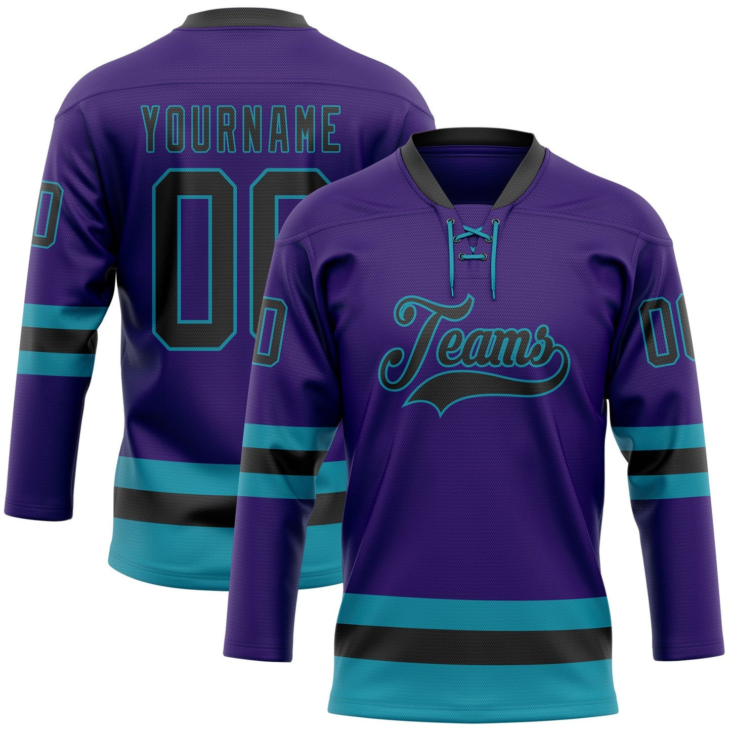 Custom Purple Black-Teal Hockey Lace Neck Jersey - Main View