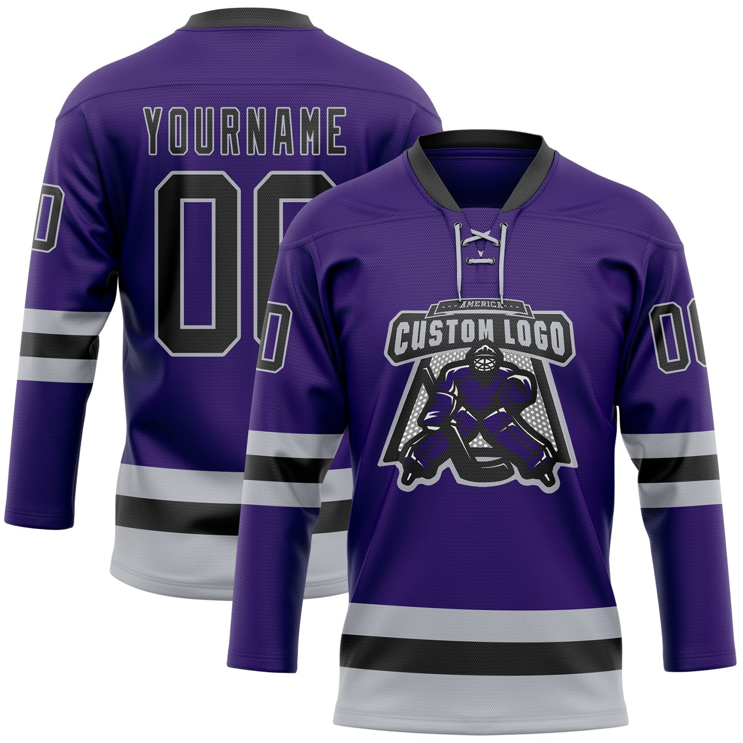 Custom Purple Black-Gray Hockey Lace Neck Jersey view 2