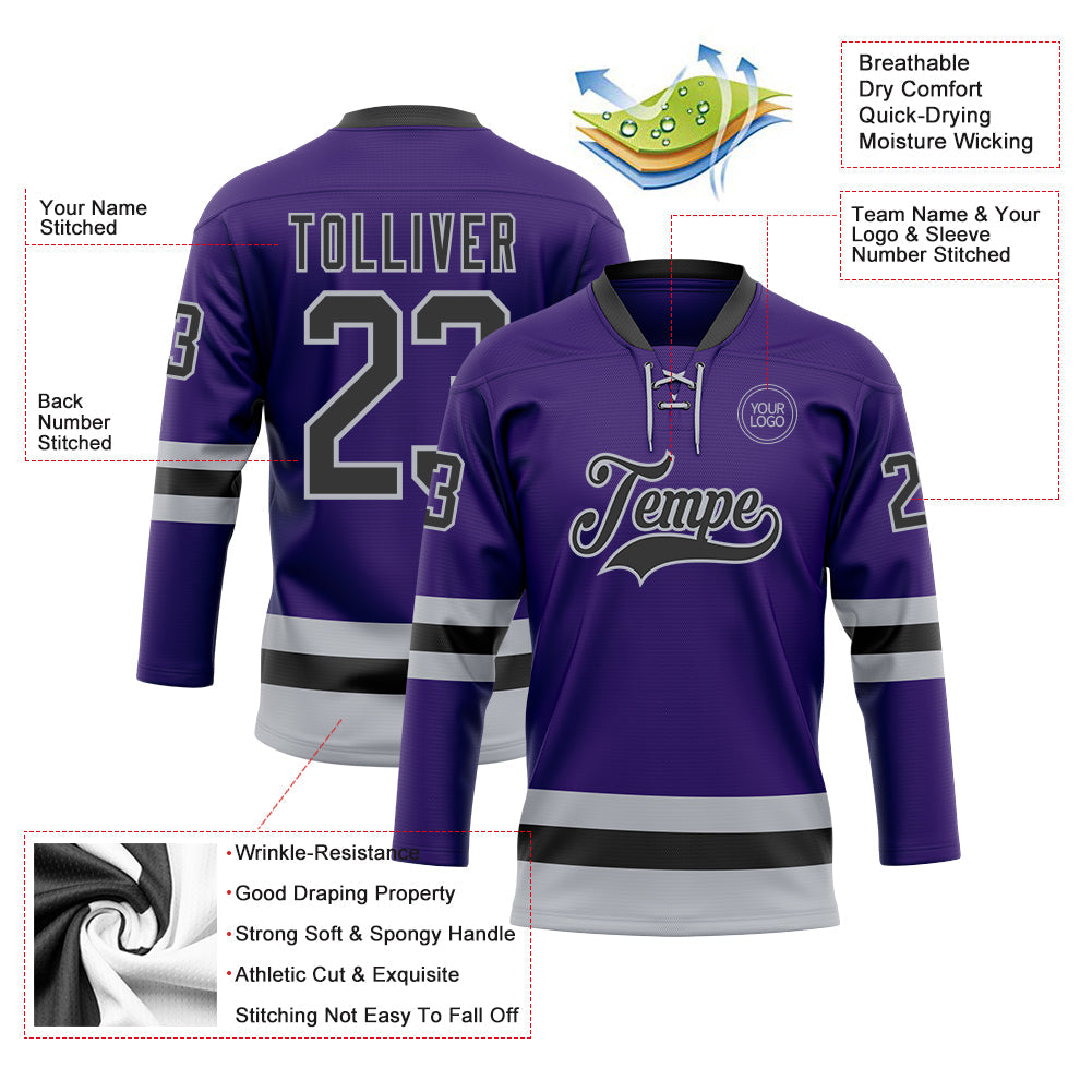 Custom Purple Black-Gray Hockey Lace Neck Jersey view 3