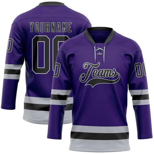 Custom Purple Black-Gray Hockey Lace Neck Jersey - Main View