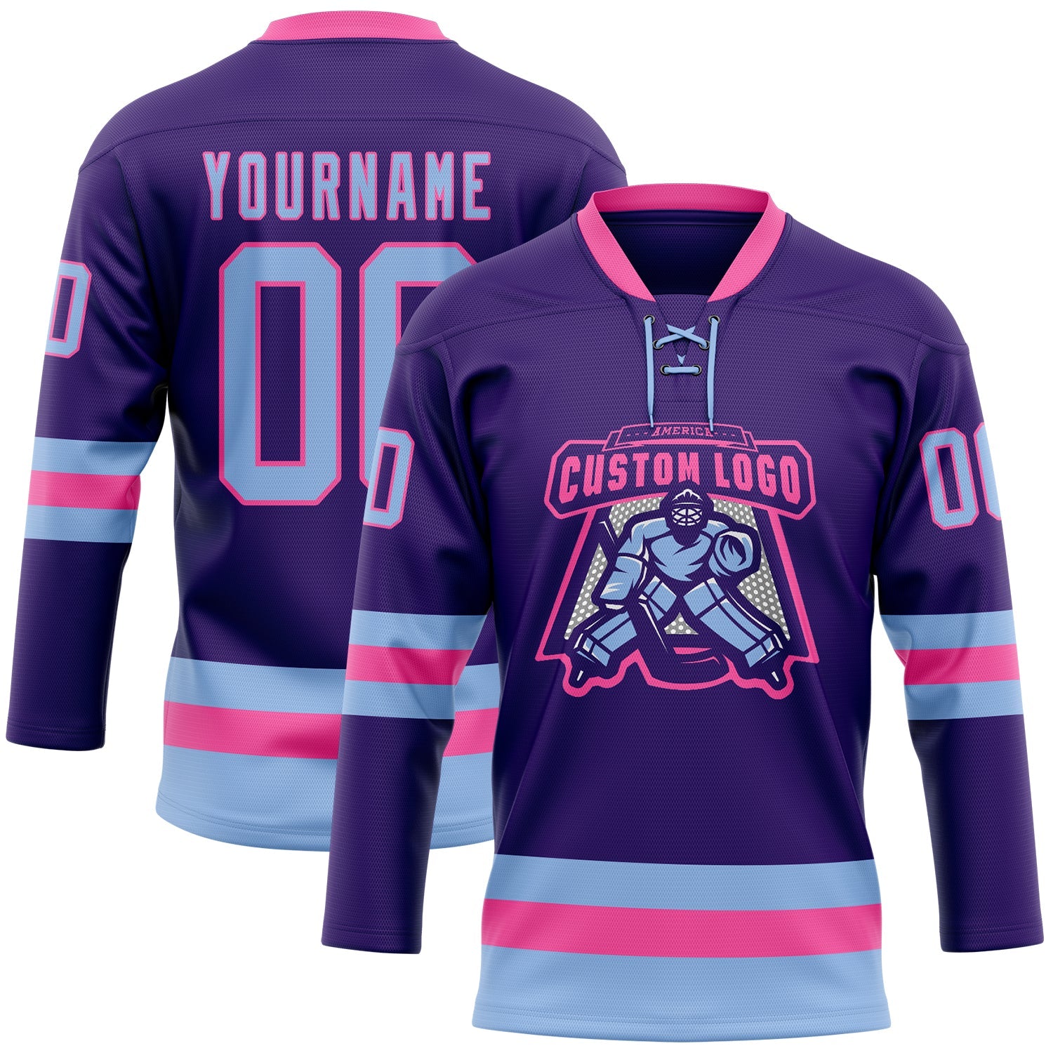 Custom Purple Light Blue-Pink Hockey Lace Neck Jersey view 2