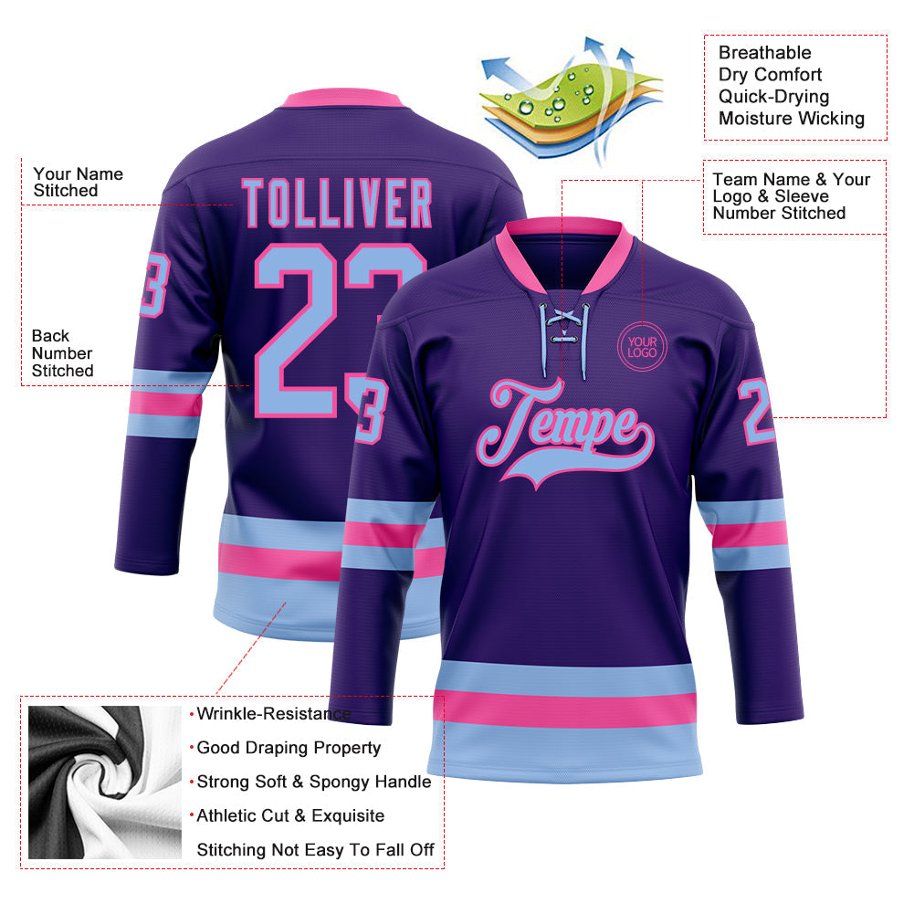 Custom Purple Light Blue-Pink Hockey Lace Neck Jersey view 3
