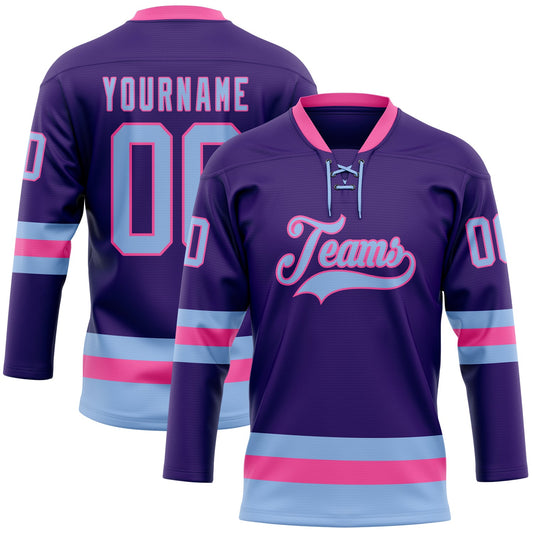 Custom Purple Light Blue-Pink Hockey Lace Neck Jersey - Main View