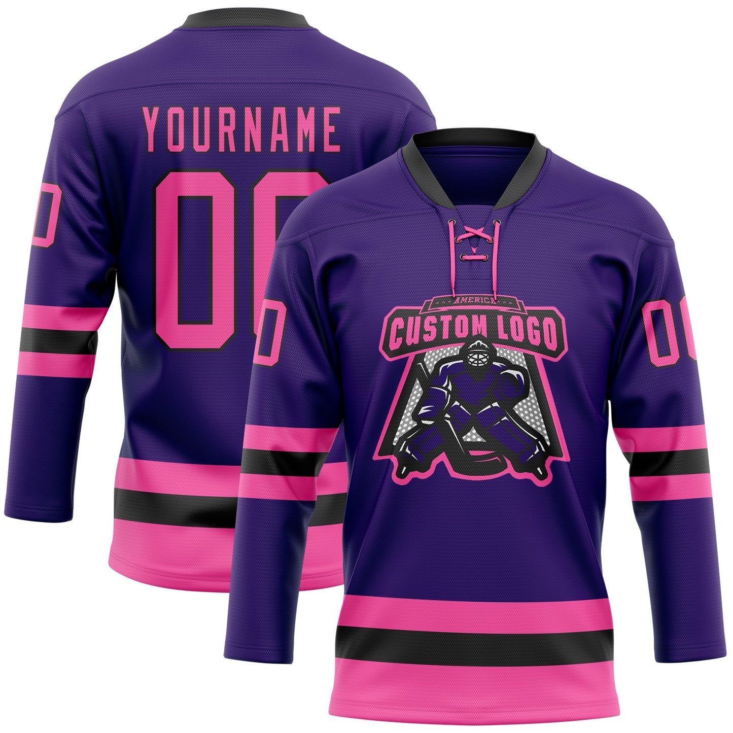 Custom Purple Pink-Black Hockey Lace Neck Jersey view 2