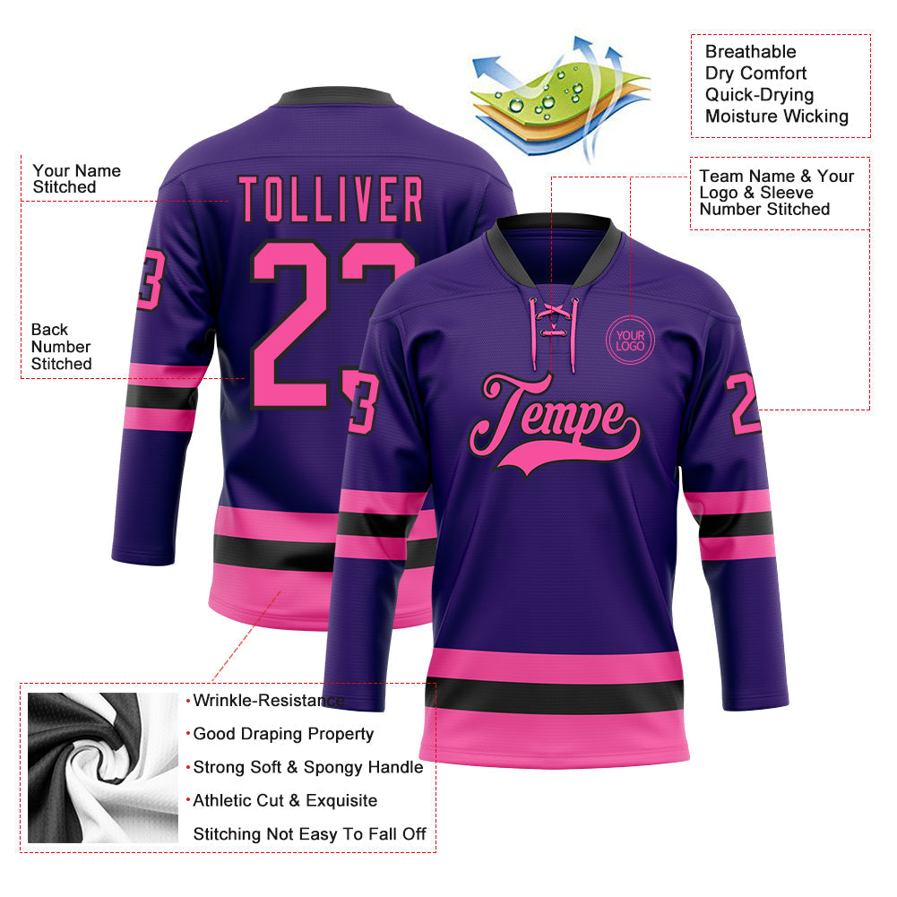 Custom Purple Pink-Black Hockey Lace Neck Jersey view 3