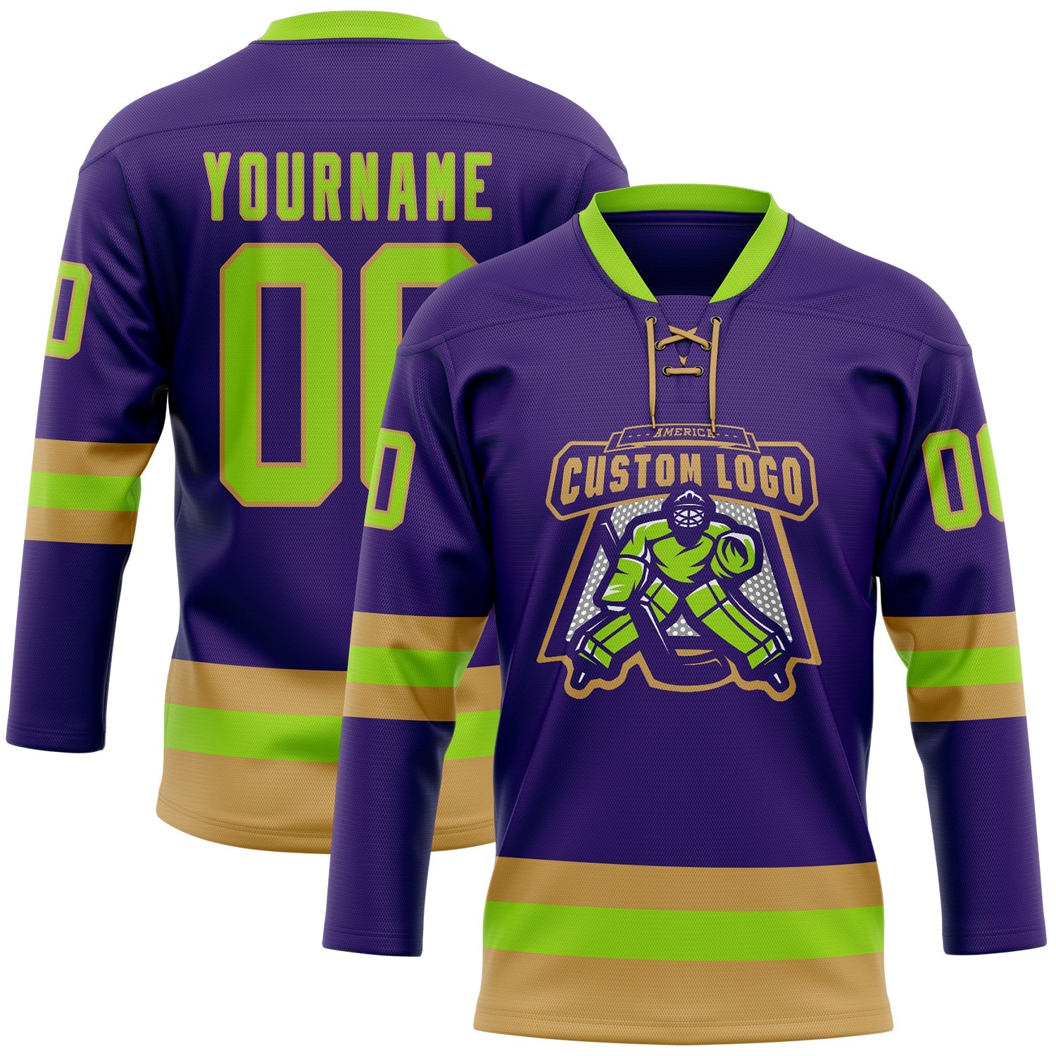 Custom Purple Neon Green-Old Gold Hockey Lace Neck Jersey view 2