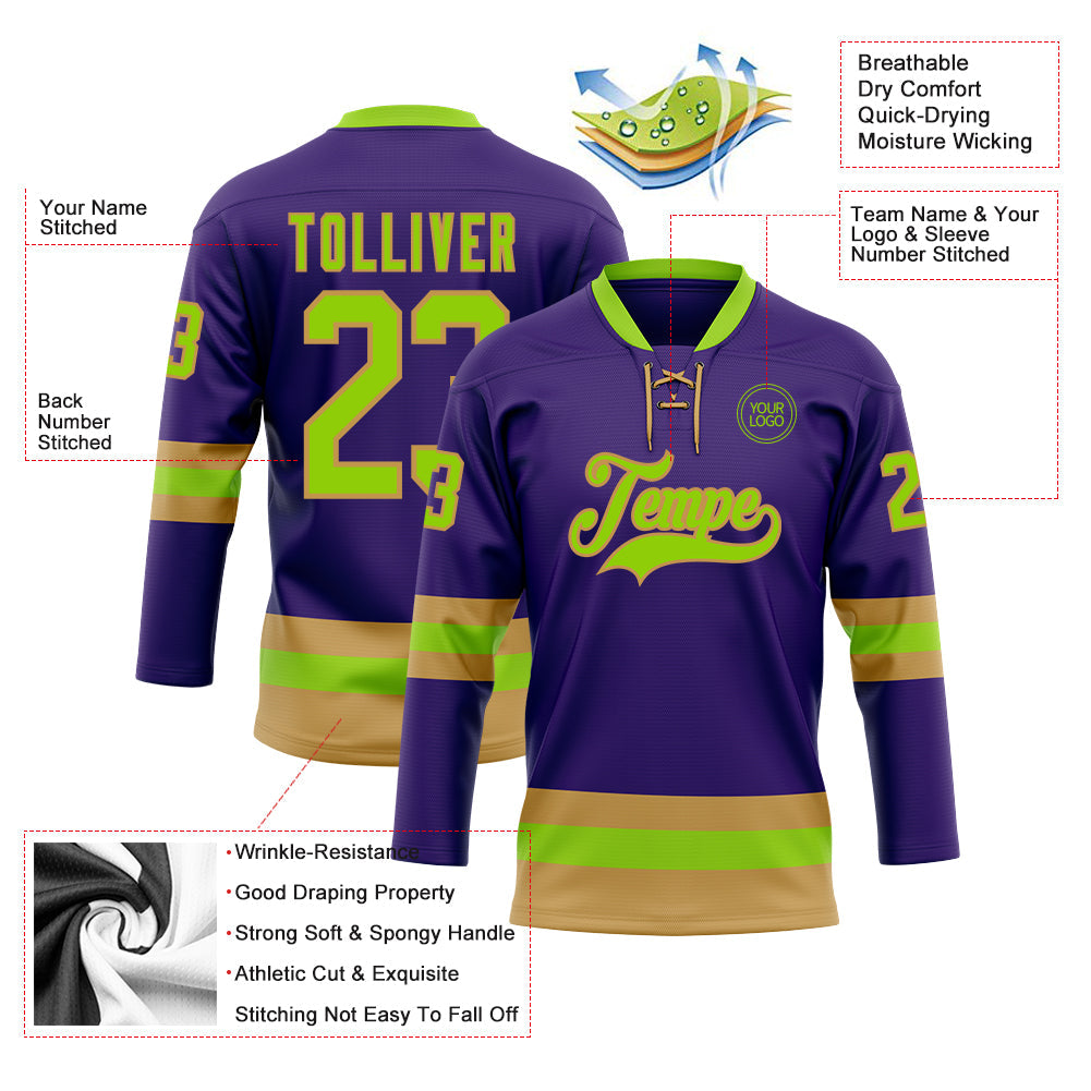Custom Purple Neon Green-Old Gold Hockey Lace Neck Jersey view 3
