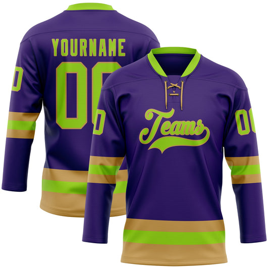 Custom Purple Neon Green-Old Gold Hockey Lace Neck Jersey - Main View