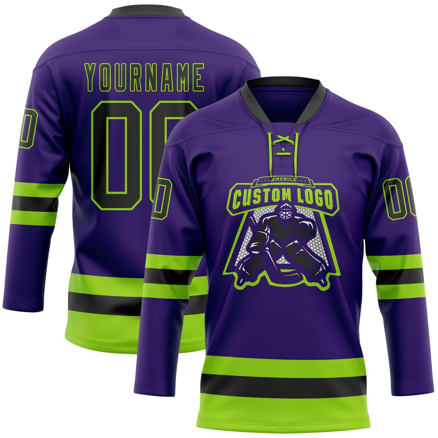 Custom Purple Black-Neon Green Hockey Lace Neck Jersey view 2