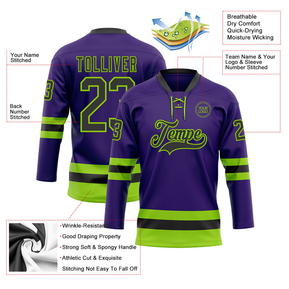 Custom Purple Black-Neon Green Hockey Lace Neck Jersey view 3