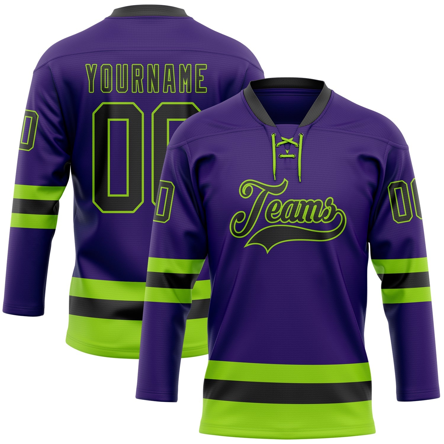 Custom Purple Black-Neon Green Hockey Lace Neck Jersey - Main View
