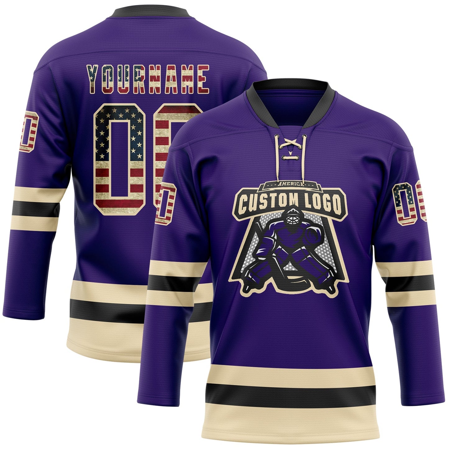 Custom Purple Vintage USA Flag Cream-Black Hockey Lace Neck Jersey view 2