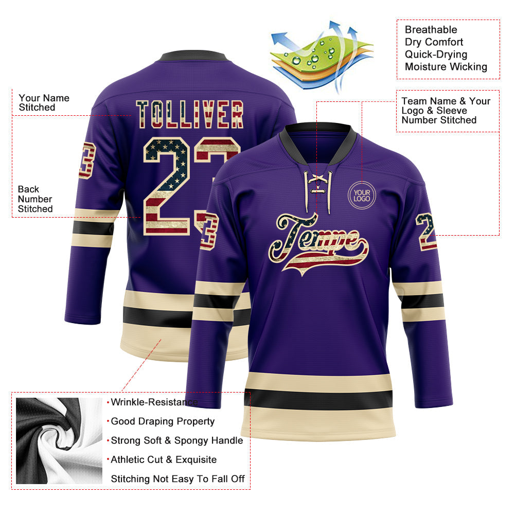 Custom Purple Vintage USA Flag Cream-Black Hockey Lace Neck Jersey view 3