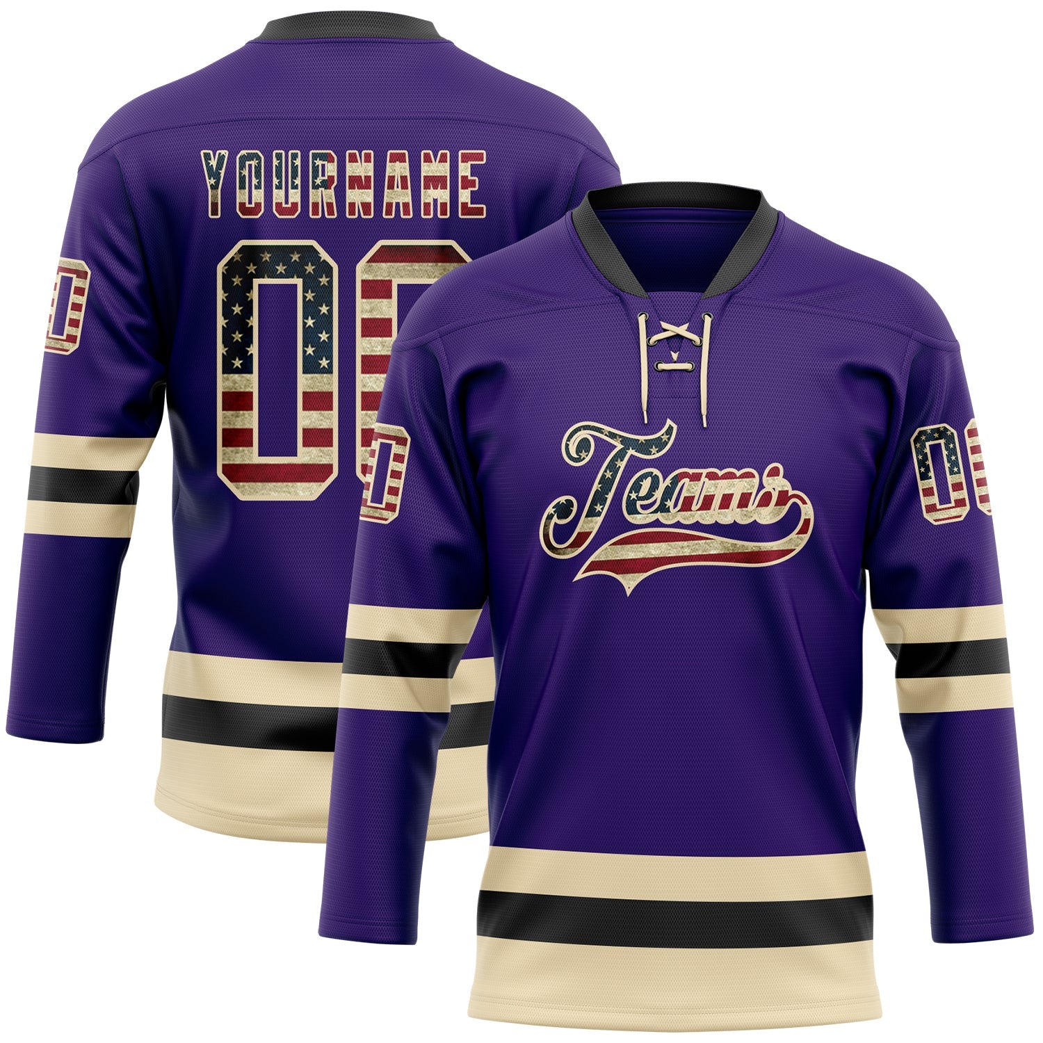 Custom Purple Vintage USA Flag Cream-Black Hockey Lace Neck Jersey - Main View
