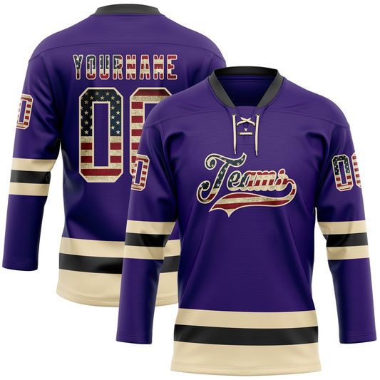 Custom Purple Vintage USA Flag Cream-Black Hockey Lace Neck Jersey - Main View